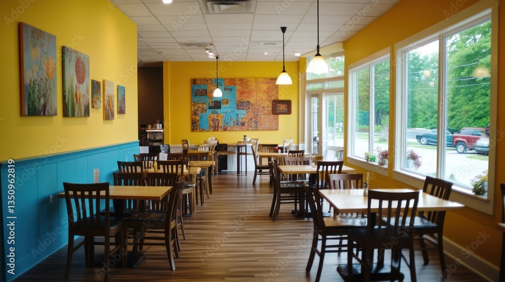 Bright cafe interior, tables and chairs, windows, street view. Possible use Restaurant advertisement Bright cafe interior, tables and chairs, windows, street view. Possible use Restaurant advertisement