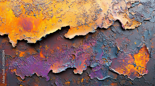 Weathered rust wall adorned with orange and purple paint exhibiting rich colors and textured surface in a captivating artistic composition.