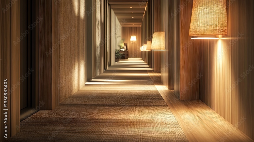 A hallway with motion-sensor LED lighting in an eco-friendly hotel. A hallway with motion-sensor LED lighting in an eco-friendly hotel.