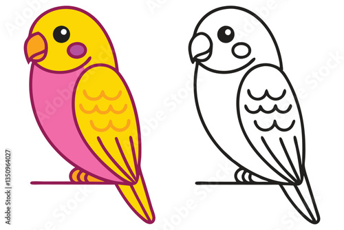 Adorable Cartoon Budgie Bird Illustration with Coloring Page Option