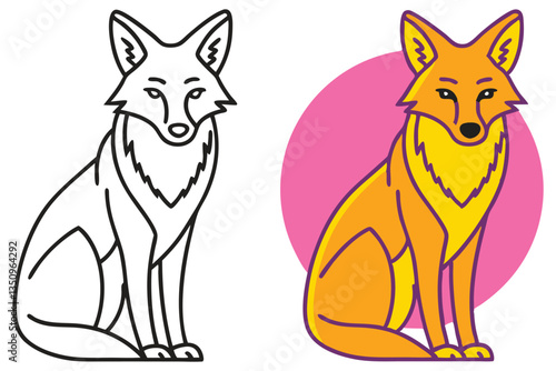 A Line Art Drawing and a Colored Illustration of a Sitting Coyote
