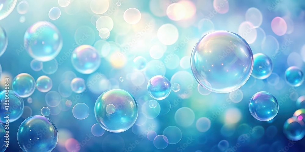 A whimsical display of iridescent soap bubbles floating on a soft blue bokeh background, evoking a sense of lightness and joy A whimsical display of iridescent soap bubbles floating on a soft blue bokeh background, evoking a sense of lightness and joy