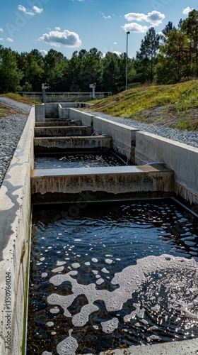 Wastewater treatment channels, water flowing through concrete channels, rural setting, cloudy blue sky background
