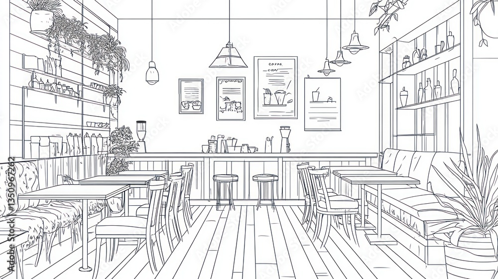 Interior Design Sketch of a Cafe Interior Design Sketch of a Cafe