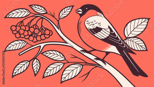 Bullfinch bird sit on a branch with a berry of red rowan berries vector illustration vector isolated on red background.

