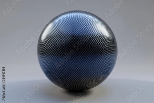 Glossy black and blue carbon fiber sphere on a neutral background, showcasing texture and shine