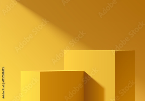 Yellow 3D cube box podium background with yellow clean empty wall scene. Minimalist studio mockup pedestal. Abstract stand product display presentation, Stage for showcase. Vector platform design.