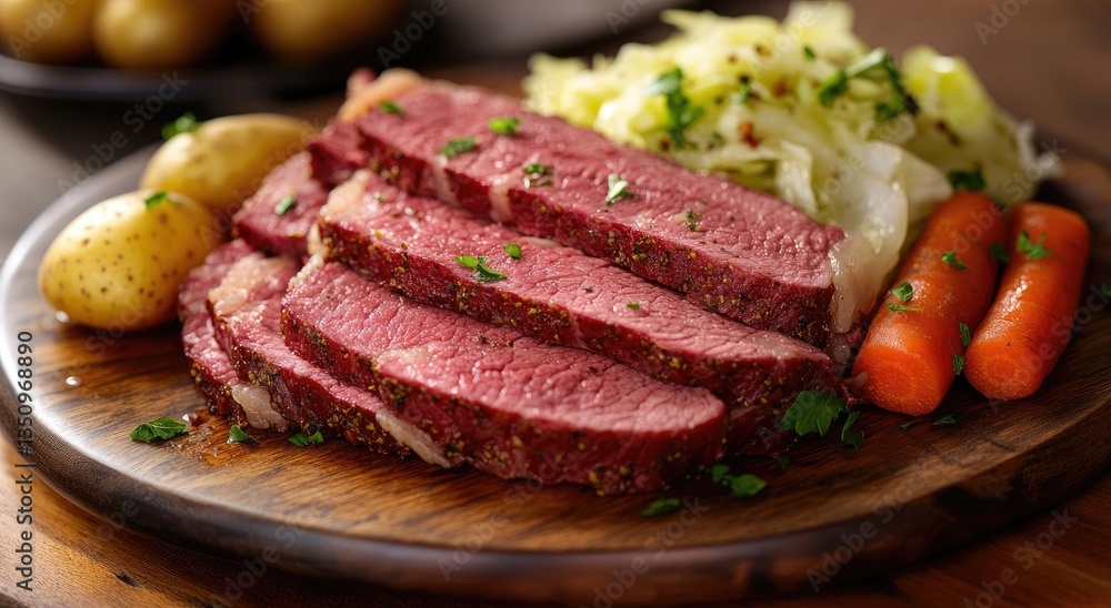 Sliced roast beef, potatoes, sauerkraut, and carrots. A hearty and flavorful meal Sliced roast beef, potatoes, sauerkraut, and carrots. A hearty and flavorful meal