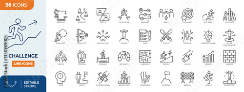 Challenge line editable icon set. Containing mission, competition, obstacle, battle, problem solving, teamwork, overcoming, triumph, and more. Vector illustration