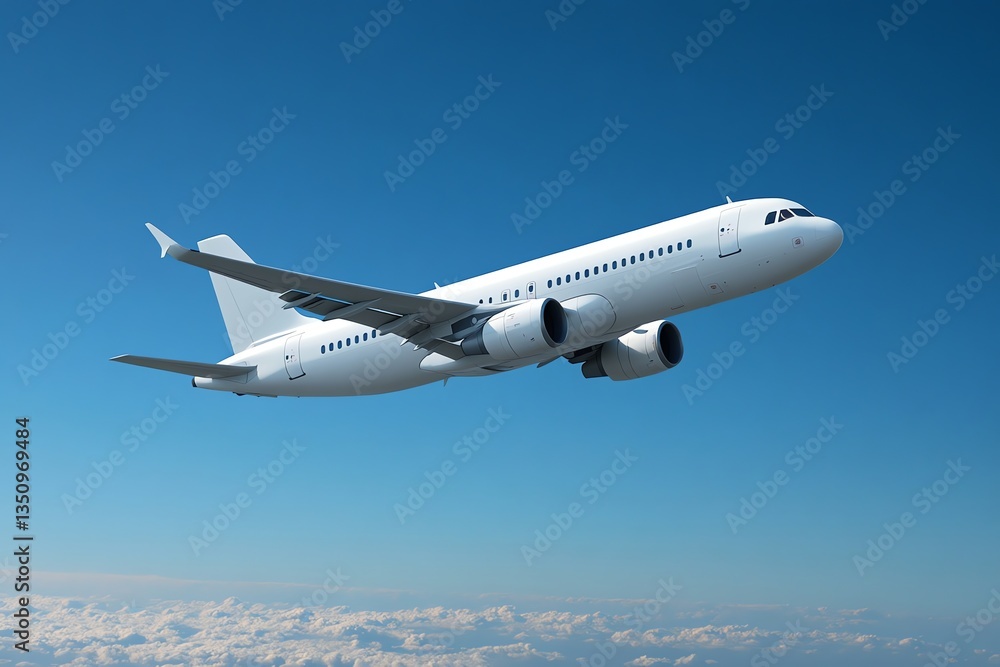 Obraz premium Airplane Flying Through Blue Sky with Clouds Below for Travel Concept