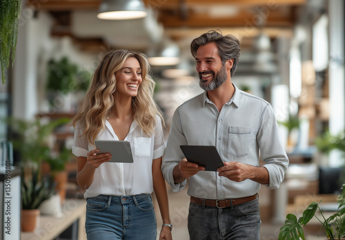  Young Professional Woman and Her Boss Smiling While Looking at an iPad – Walking Through a Glass Door in a Modern Office, Captured in a High-Quality, Professional Stock Photo Style