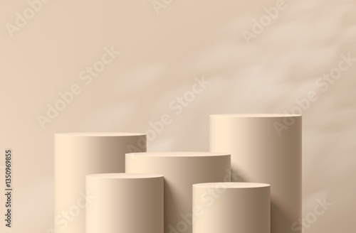 3D beige cylindrical podium set with leaf shadow overlay wall background. Minimalist mockup pedestal, Abstract cosmetic product display presentation, Stage showcase. Platforms vector geometric design.