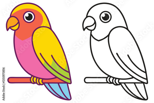 Adorable Colorful Lovebird Perched on a Branch Illustration with Coloring Page