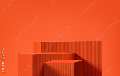 Orange 3D cube box podium background with summer empty wall scene. Minimalist studio mockup pedestal. Abstract stand product display presentation, Stage for showcase. Vector geometric platform design.