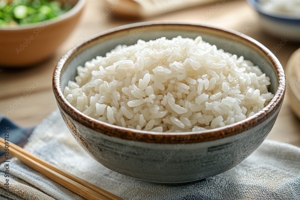 A full bowl of cooked rice sits on a table A full bowl of cooked rice sits on a table