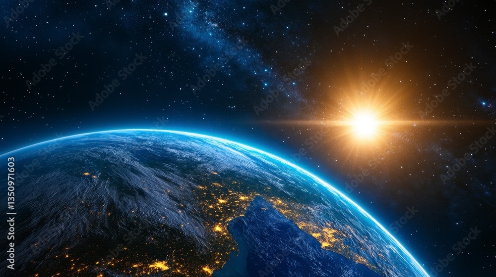 Fototapeta premium Sunrise Over Earth with Galaxy and Stars Visible in Background