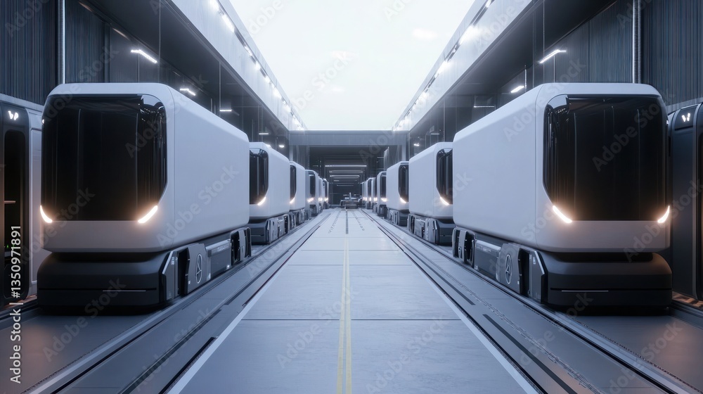 Fototapeta premium Futuristic Automated Transportation System: Autonomous Vehicles in a Modern Warehouse