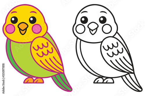 Adorable Cartoon Budgie Bird Coloring Page Illustration for Kids Learning and Fun Activities