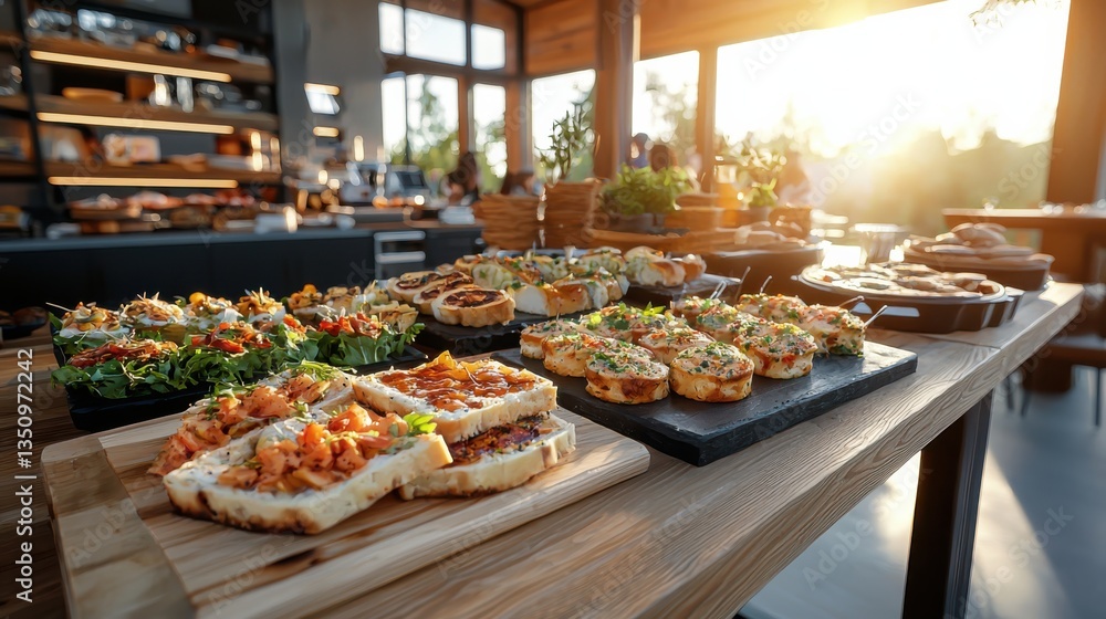 Culinary display of assorted appetizers in rustic setting food photography warm environment sunset view Culinary display of assorted appetizers in rustic setting food photography warm environment sunset view