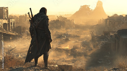 Lone warrior surveys a desolate, post-apocalyptic landscape.  Sun sets over ruined city, dust and destruction. Epic fantasy scene.