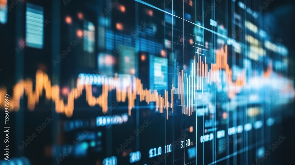 Abstract Stock Market Data Visualization: Blue and Orange Stock Chart on a Digital Screen Displaying Financial Data and Market Trends Abstract Stock Market Data Visualization: Blue and Orange Stock Chart on a Digital Screen Displaying Financial Data and Market Trends