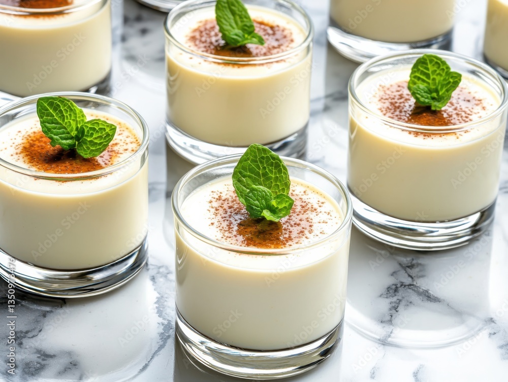 Elegant small panna cotta cups displayed on marble surface food photography kitchen minimalist gourmet dessert Elegant small panna cotta cups displayed on marble surface food photography kitchen minimalist gourmet dessert