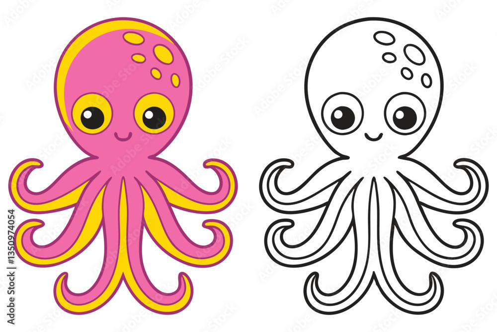 Fototapeta premium Adorable Pink and White Octopus Coloring Page Illustration for Kids
