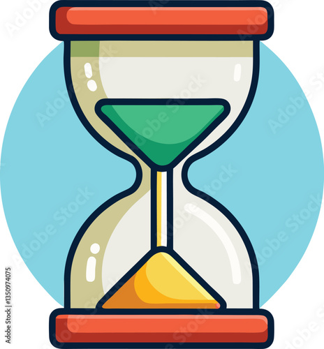 Illustration of hourglass with green and yellow sand, A colorful hourglass with green sand flowing into a yellow base, representing the passage of time.
