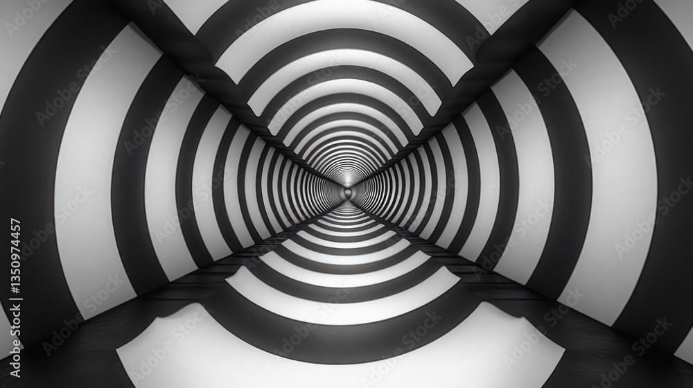 Naklejka premium Hipnotyczny czarno-biały spiralny tunel, sztuka cyfrowa, abstrakcyjne tło, projekt strony internetowej