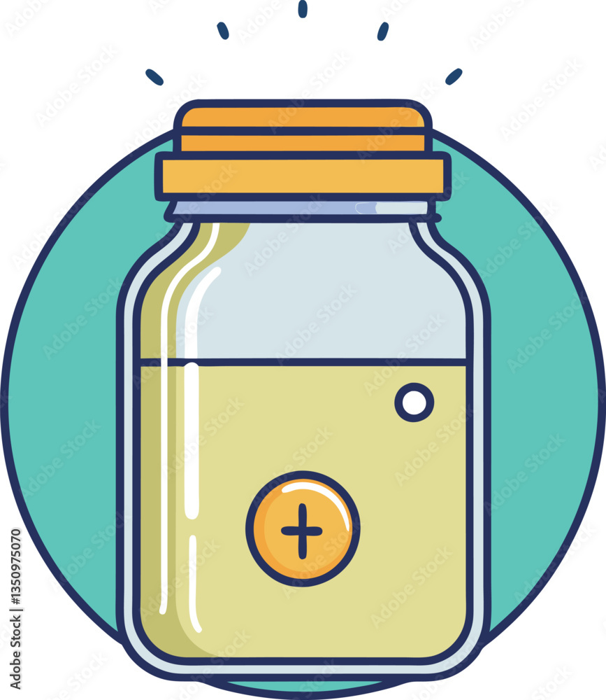 Glass jar with yellow liquid and orange lid, A colorful glass jar with yellow liquid inside, featuring an orange lid and a plus symbol design on the jar.
Glass jar with yellow liquid and orange lid, A colorful glass jar with yellow liquid inside, featuring an orange lid and a plus symbol design on the jar.