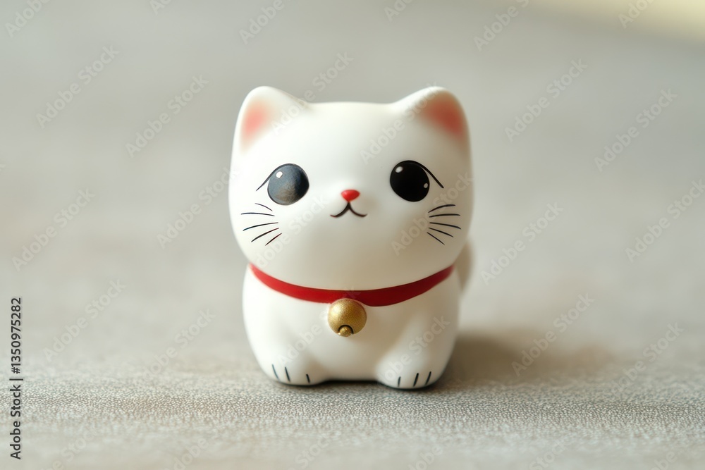 Cute white Maneki-neko figurine, sitting on grey background, good luck charm Cute white Maneki-neko figurine, sitting on grey background, good luck charm