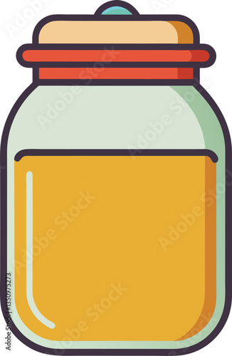 Glass jar with yellow content and lid, A colorful glass jar filled with yellow contents, featuring a red lid and a simple, clean design.
