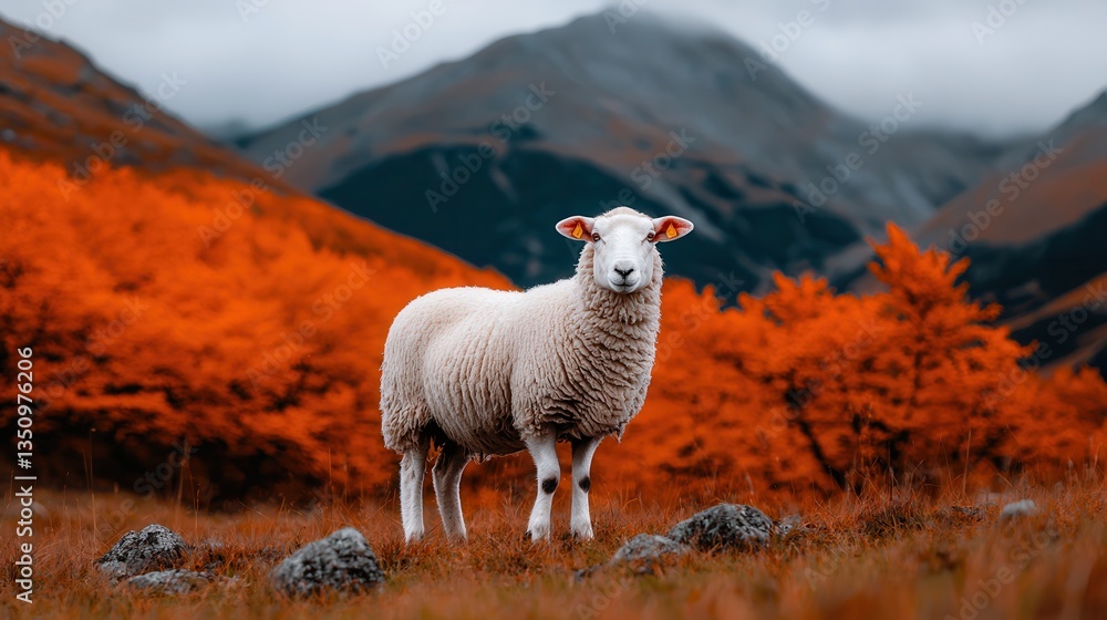 Obraz premium Sheep in Vibrant Autumn Landscape with Orange Trees and Majestic Mountains in Background