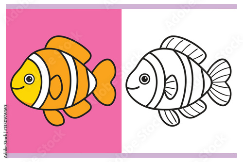 Adorable Cartoon Clownfish Coloring Page for Kids Featuring a Bright Orange Fish and a Black and White Outline Version for Easy Printing and Fun Creative Activities