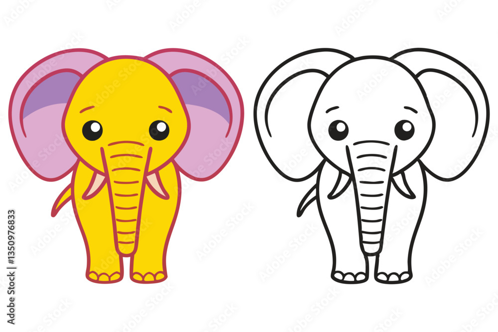 Fototapeta premium Adorable Cartoon Elephant Illustration Coloring Page Two Versions Yellow and Outline