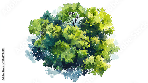 Vector tree top watercolor hand drawn view isolated on white background for landscape plan and architecture layout drawing, elements for environment and garden 