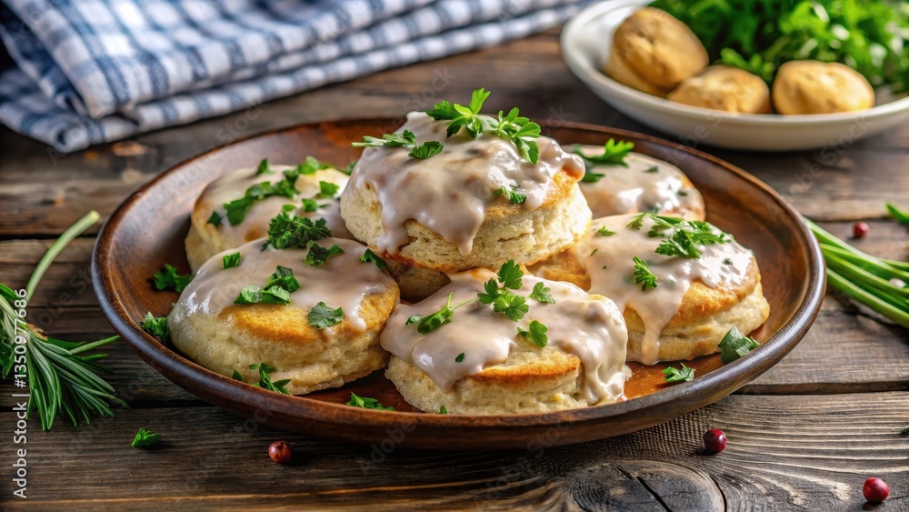 A rustic plate filled with a warm and savory biscuits and gravy, topped with fresh herbs and a sprinkle of cheese, served in a cozy dining setting , comfort food, hearty breakfast A rustic plate filled with a warm and savory biscuits and gravy, topped with fresh herbs and a sprinkle of cheese, served in a cozy dining setting , comfort food, hearty breakfast