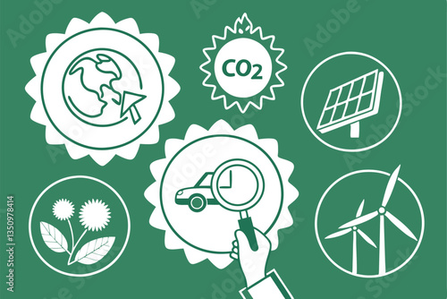 64 Environmental icons, circular badges, green background, sustainability symbols, CO2 cloud, magnifying glass, hand holding, recycling logo, solar panel icon, wind turbine icon, electric car icon, le