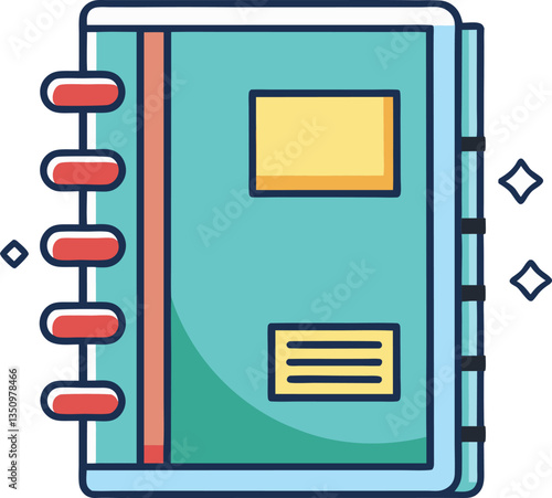 Illustration of a spiral-bound notebook with labels, A colorful illustration of a spiral-bound notebook featuring label areas, symbolizing note-taking, planning, and organization.
