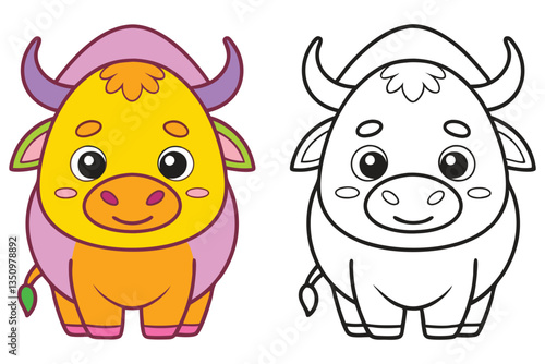 Adorable Cartoon Yak Coloring Page Illustration for Kids Featuring a Cute Yellow and Pink Yak and its Black and White Outline Version