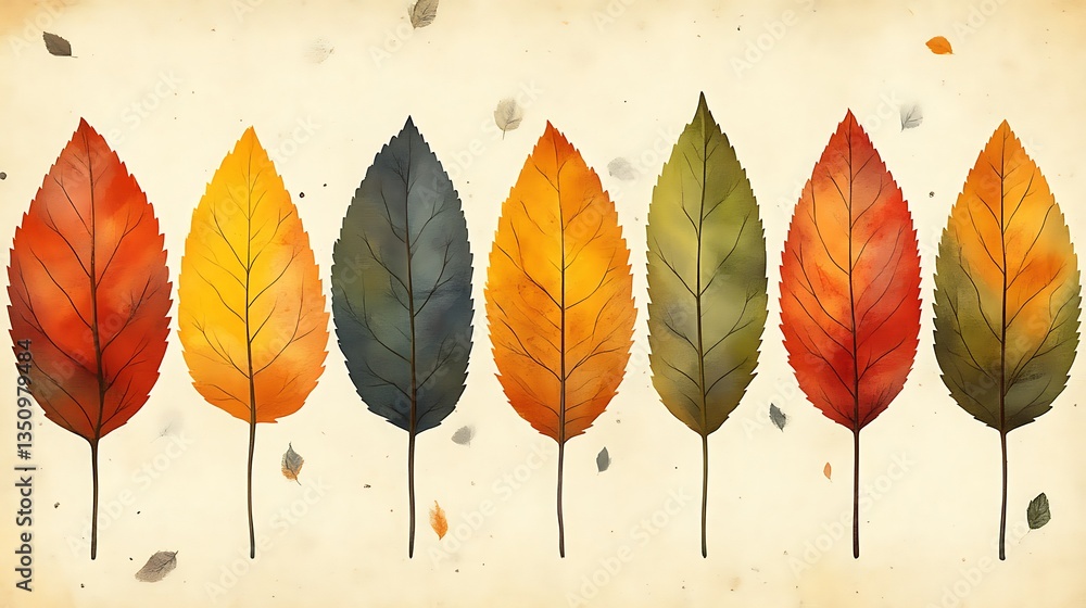 Fototapeta premium Autumn Leaves Watercolor Row.
