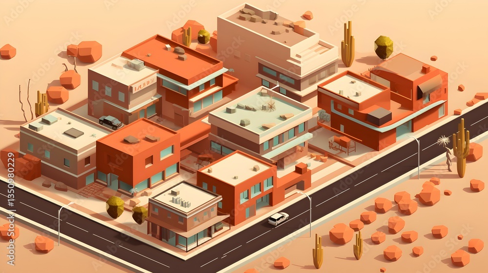 A sun-drenched desert town basks in the warm afternoon light, its low-slung buildings and geometric architecture creating a vibrant, isometric streetscape. A sun-drenched desert town basks in the warm afternoon light, its low-slung buildings and geometric architecture creating a vibrant, isometric streetscape.
