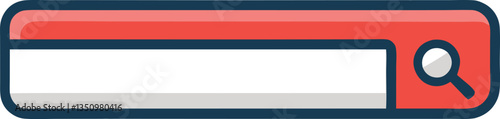 Search bar with magnifying glass icon on red background, A simple illustration of a search bar with a magnifying glass icon, set against a red background, symbolizing web searching and navigation.
