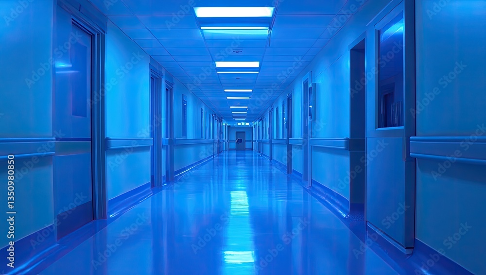 Empty hospital corridor bathed in blue light Empty hospital corridor bathed in blue light