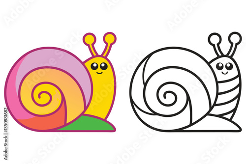 Adorable Cartoon Snail Illustration with Coloring Page Option  A Cute Snail Character Design for Kids