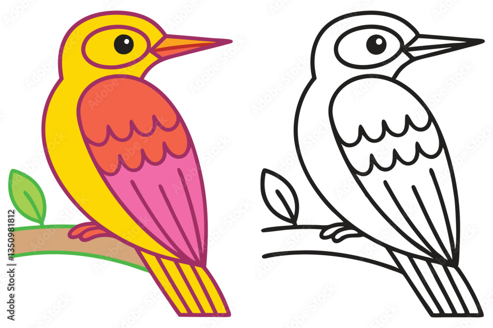 Obraz premium A Colorful Bird on a Branch with a Black and White Outline Version for Coloring Pages