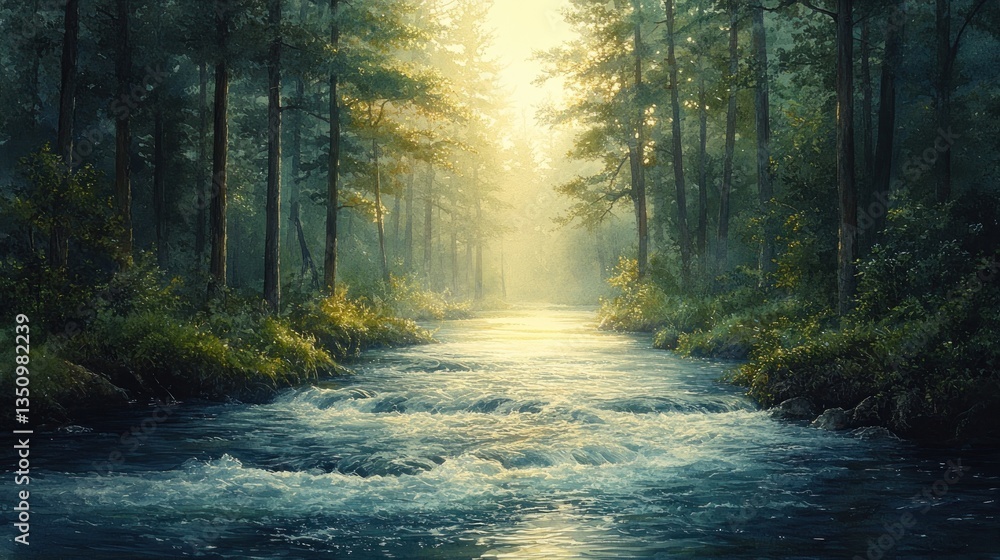 Naklejka premium Misty forest river pathway at sunrise. Possible use Nature wallpaper