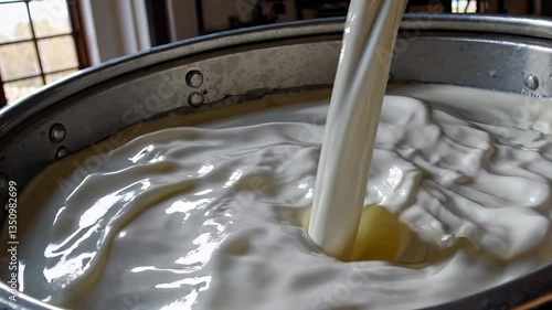 Fresh milk flows into large vat in traditional cheese making facility preparing for artisanal fermentation process. Purity and craftsmanship of dairy production, rich quality of farm-fresh ingredients