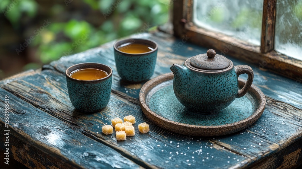 Rainy day tea ceremony, windowsill, garden view, relaxation Rainy day tea ceremony, windowsill, garden view, relaxation