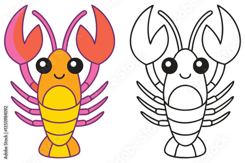 Adorable Cartoon Lobster Illustration Color and Line Art Version
